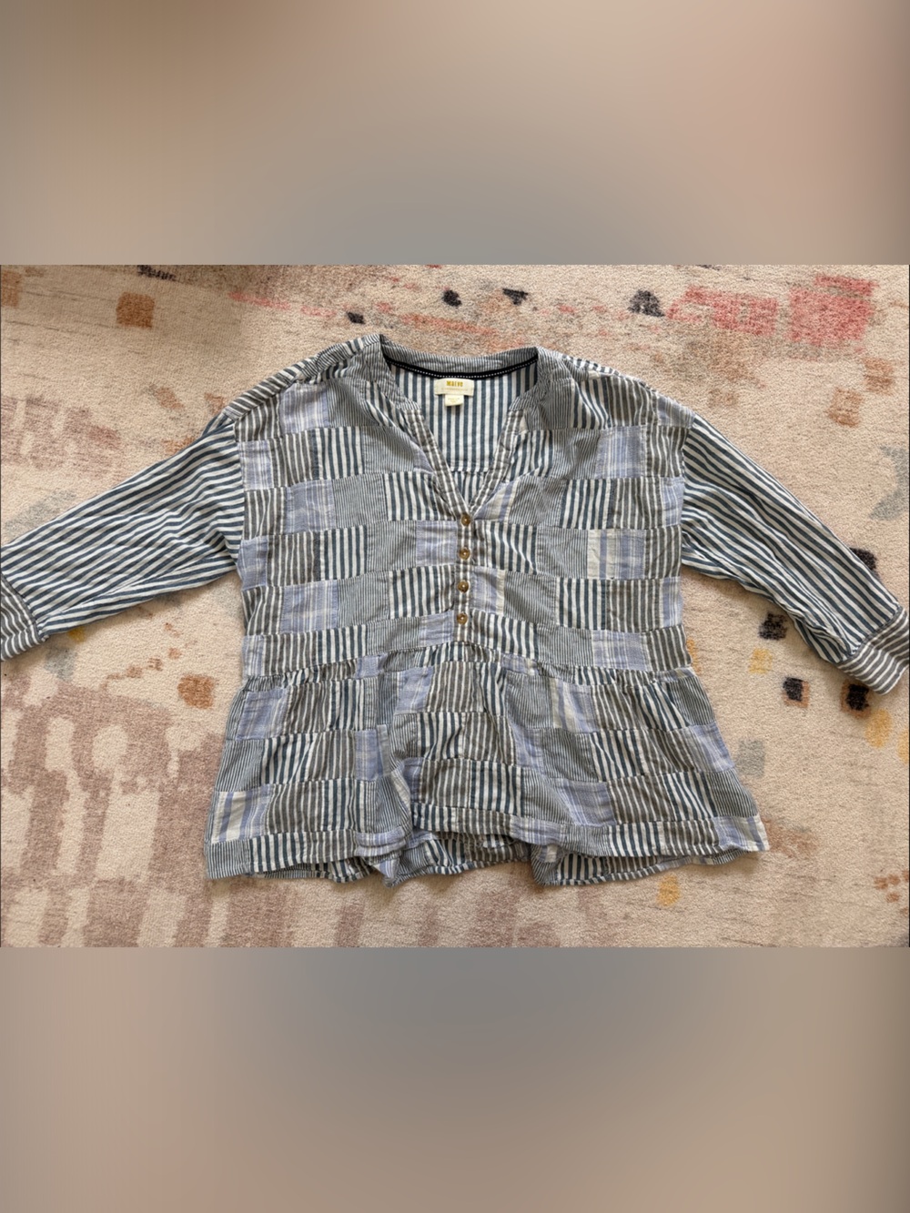 Maeve Blue and White Striped Patchwork Button-Down Shirt